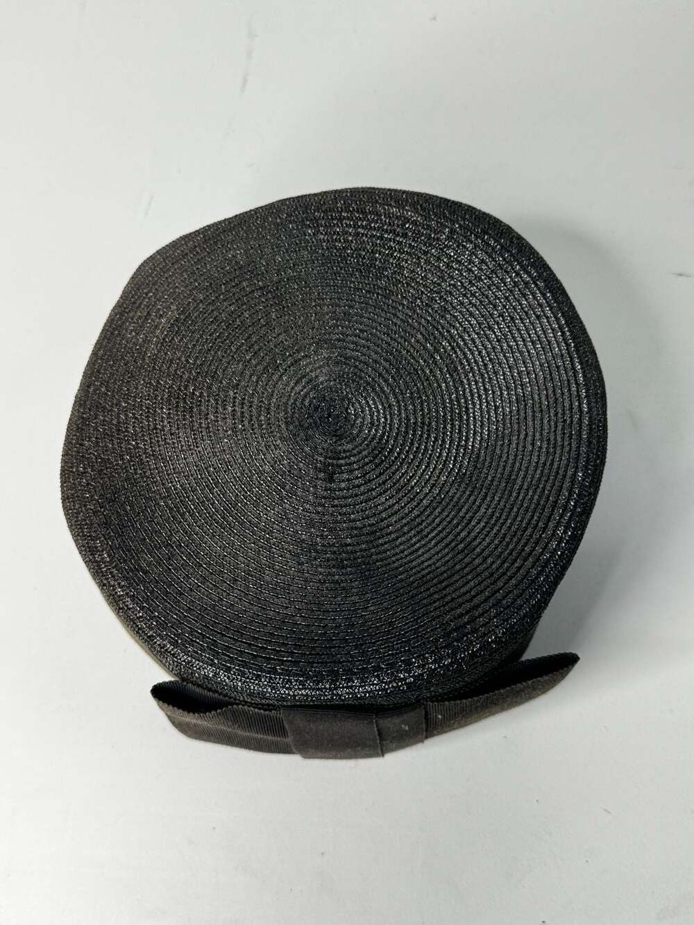 Vintage Black Straw Pillbox Hat M Bow Pearl Accents